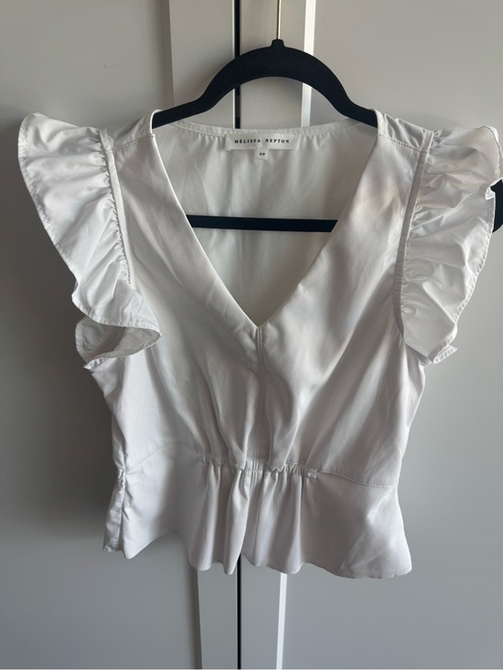 MELISSA NEPTON Tops - MELISSA NEPTON White V-Neck Ruffle Sleeve Peplum Top with Faux Leather front